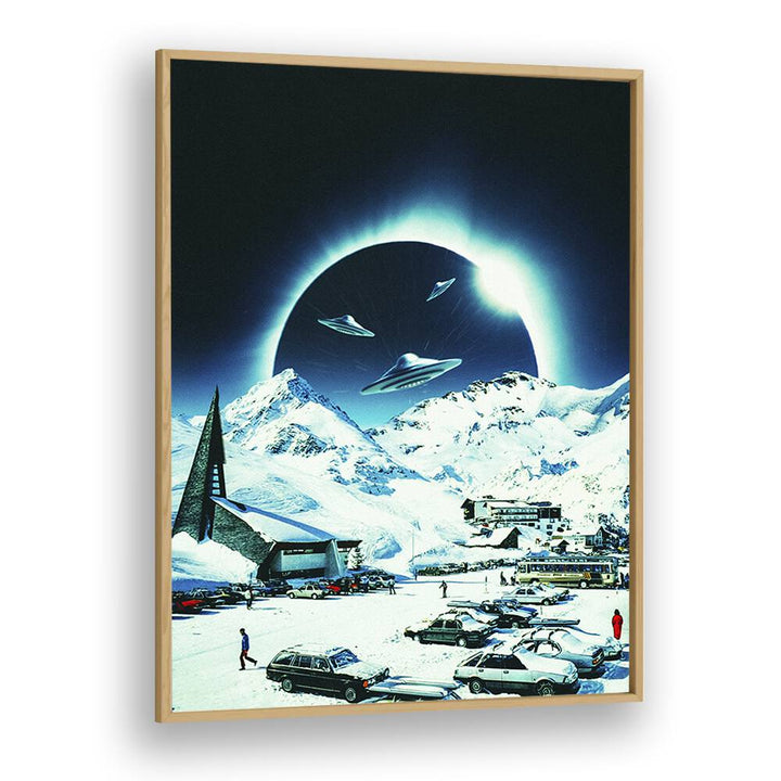 Stunning "WINTER ECLIPSE, SURREAL ART PRINTS" in oak frame, blending surreal elements with winter landscapes by Taudalpoi.