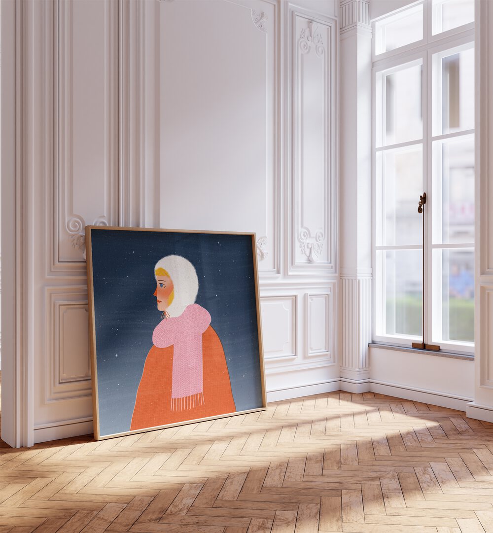 Winter Walk Portrait By Julia Leister Women Illustration Paintings in Oak Wood Plain Frame placed on the floor beside a window
