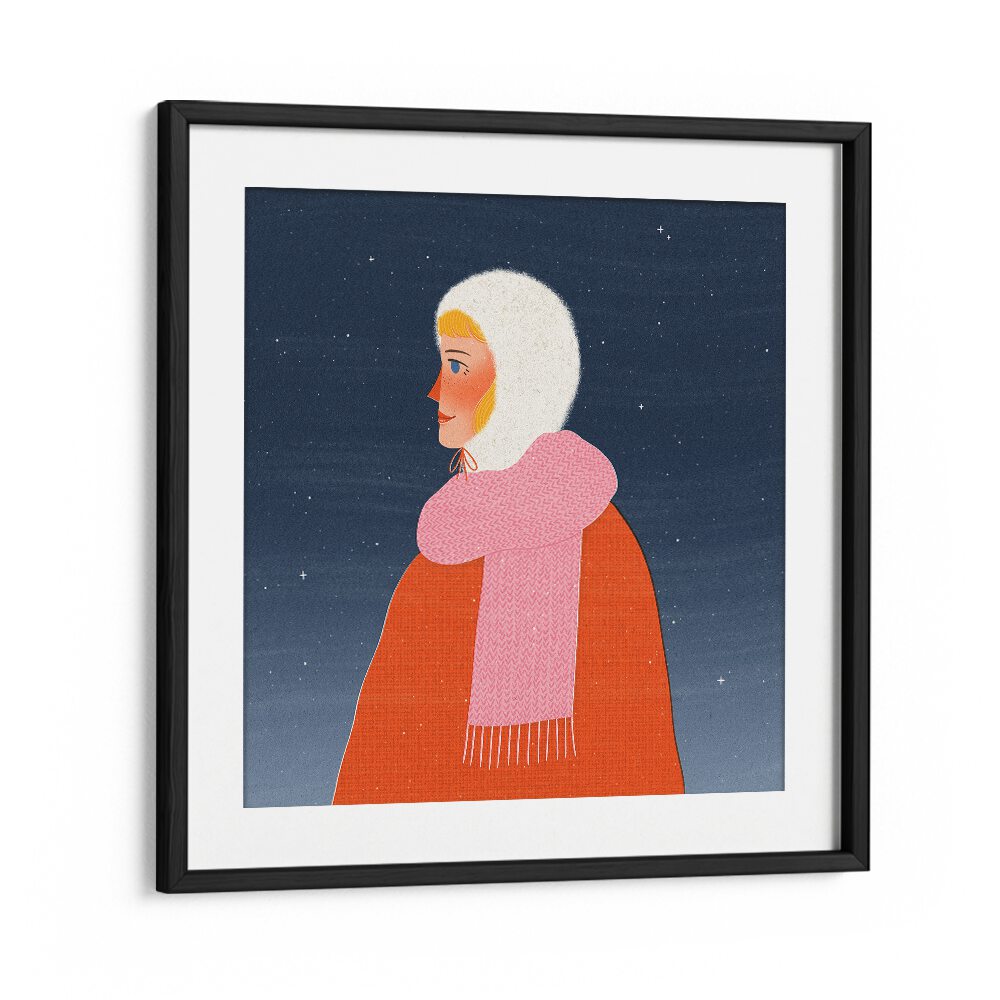 Winter Walk Portrait By Julia Leister Women Illustration Paintings in Black Frame With Mount