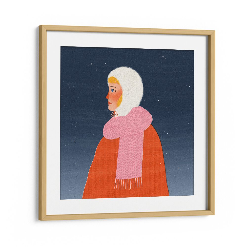 Winter Walk Portrait By Julia Leister Women Illustration Paintings in Oak Wood Frame With Mount