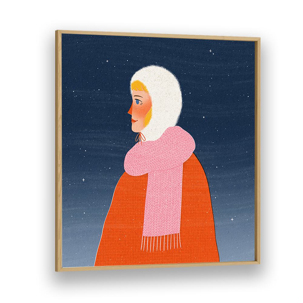 Winter Walk Portrait By Julia Leister Women Illustration Paintings in Oak Wood Plain Frame