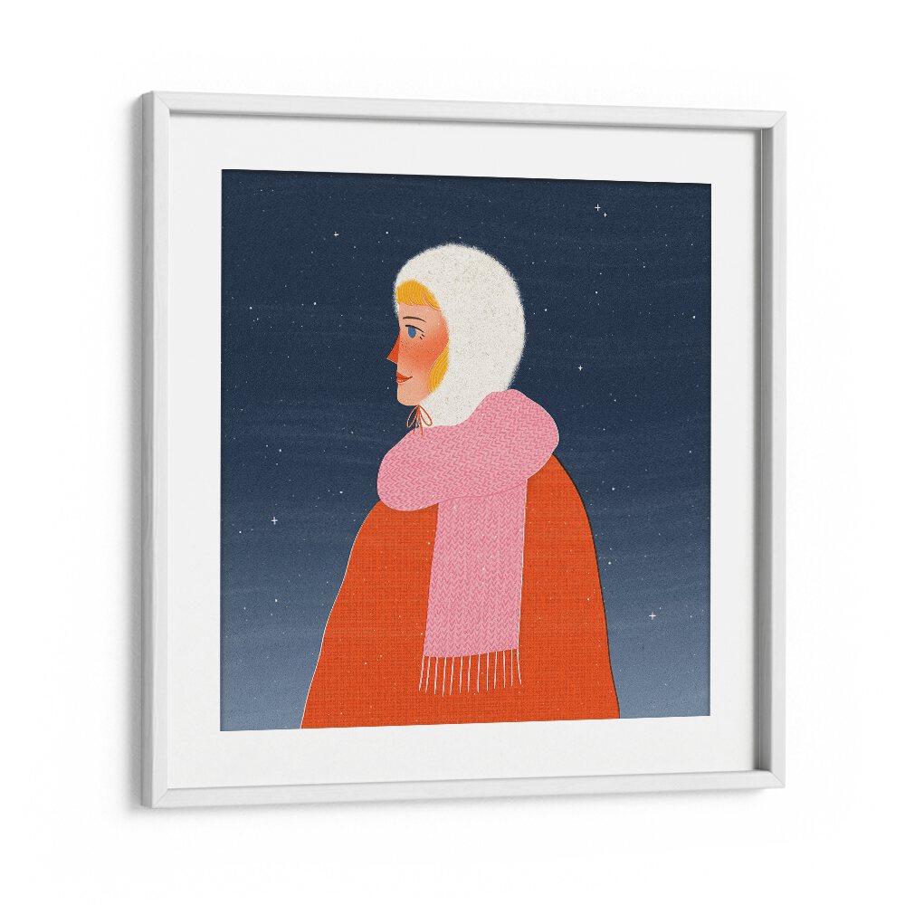 Winter Walk Portrait By Julia Leister Women Illustration Paintings in White Frame With Mount