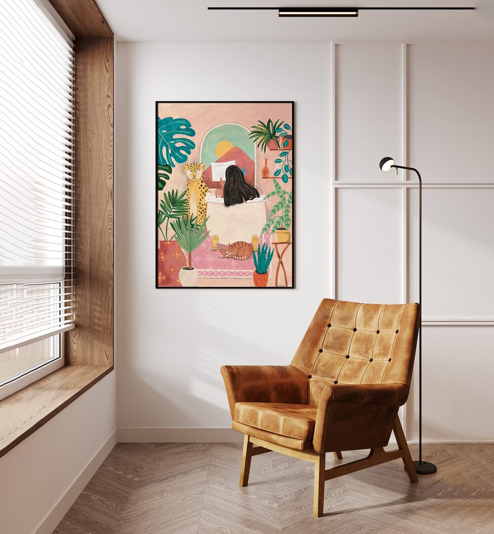 Relaxing woman in a pink tropical bathroom, capturing the essence of WOMAN BATHROOM, PORTRAITS by Caroline Bonne Muller.