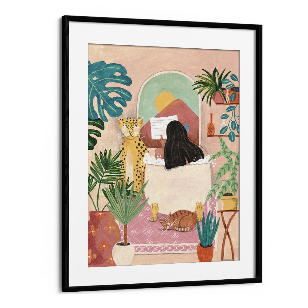 Serene woman enjoying a bath in a vibrant pink tropical bathroom, perfect for WOMAN BATHROOM, PORTRAITS decor.