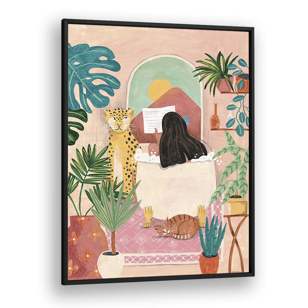 Serene illustration of a woman in a pink tropical bathroom, embodying tranquility in WOMAN BATHROOM, PORTRAITS.
