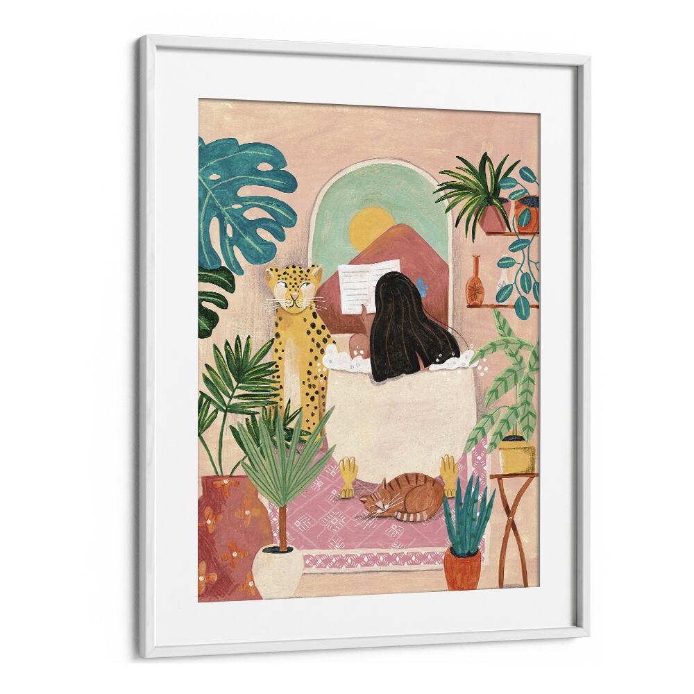 Serene illustration of a woman bathing in a pink tropical bathroom, capturing relaxation in WOMAN BATHROOM, PORTRAITS.