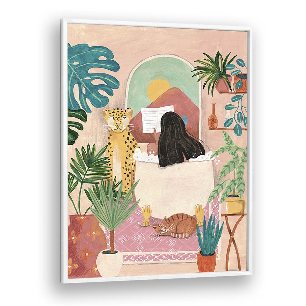 Serene illustration of a woman in a pink tropical bathroom, perfect for WOMAN BATHROOM, PORTRAITS decor by Caroline Bonne Muller.