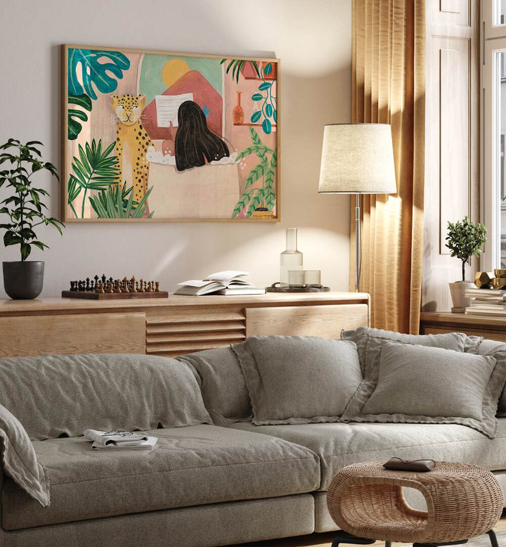 Vibrant art featuring a WOMAN IN BATHROOM, PORTRAITS by Caroline Bonne Muller, capturing serenity in a tropical setting.