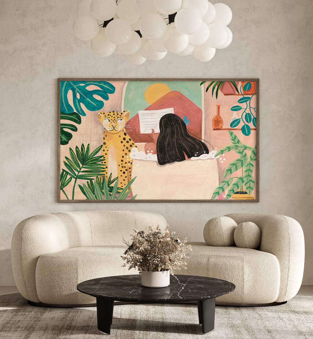 A serene WOMAN IN BATHROOM, PORTRAITS artwork by Caroline Bonne Muller, showcasing a vibrant pink tropical scene.