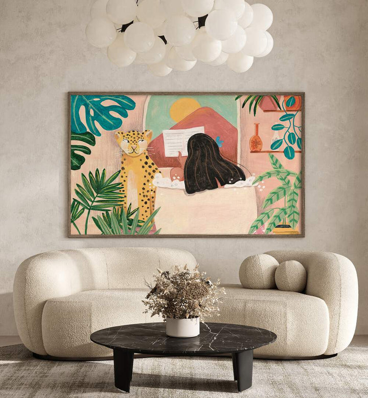 A serene WOMAN IN BATHROOM, PORTRAITS artwork by Caroline Bonne Muller, showcasing a vibrant pink tropical scene.