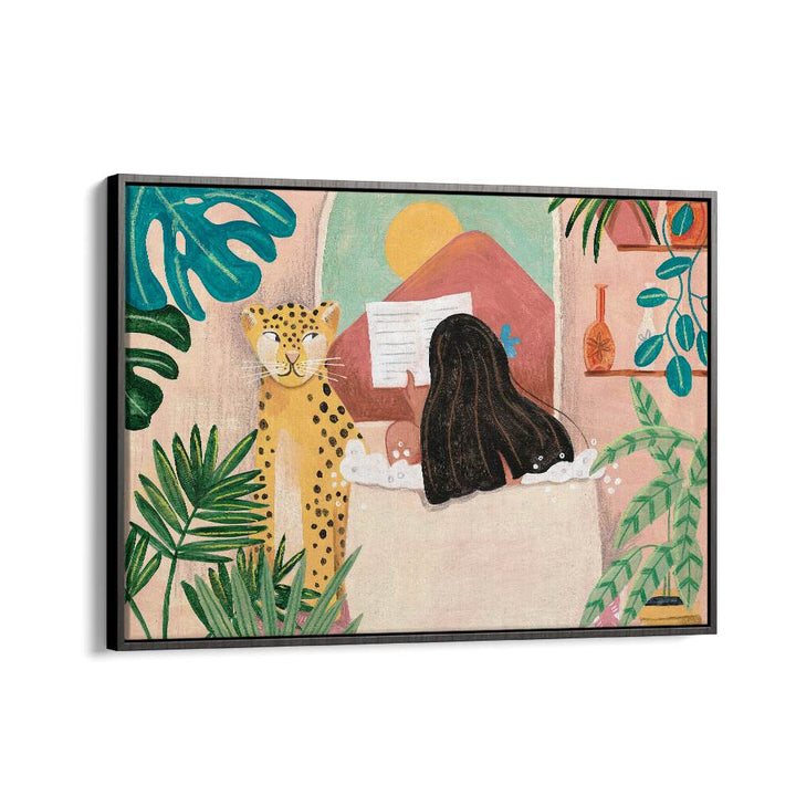 Relaxing woman in bathroom, portraits & figurative illustrations by Caroline Bonne Muller in a vibrant tropical setting.