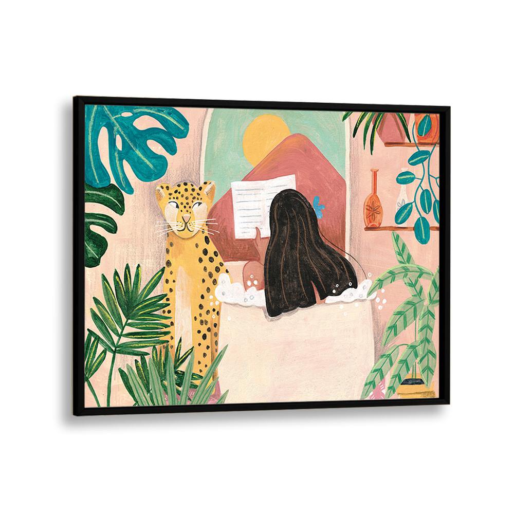 Vibrant portrait of a woman in bathroom, enjoying a serene bath in a pink tropical setting by Caroline Bonne Muller.