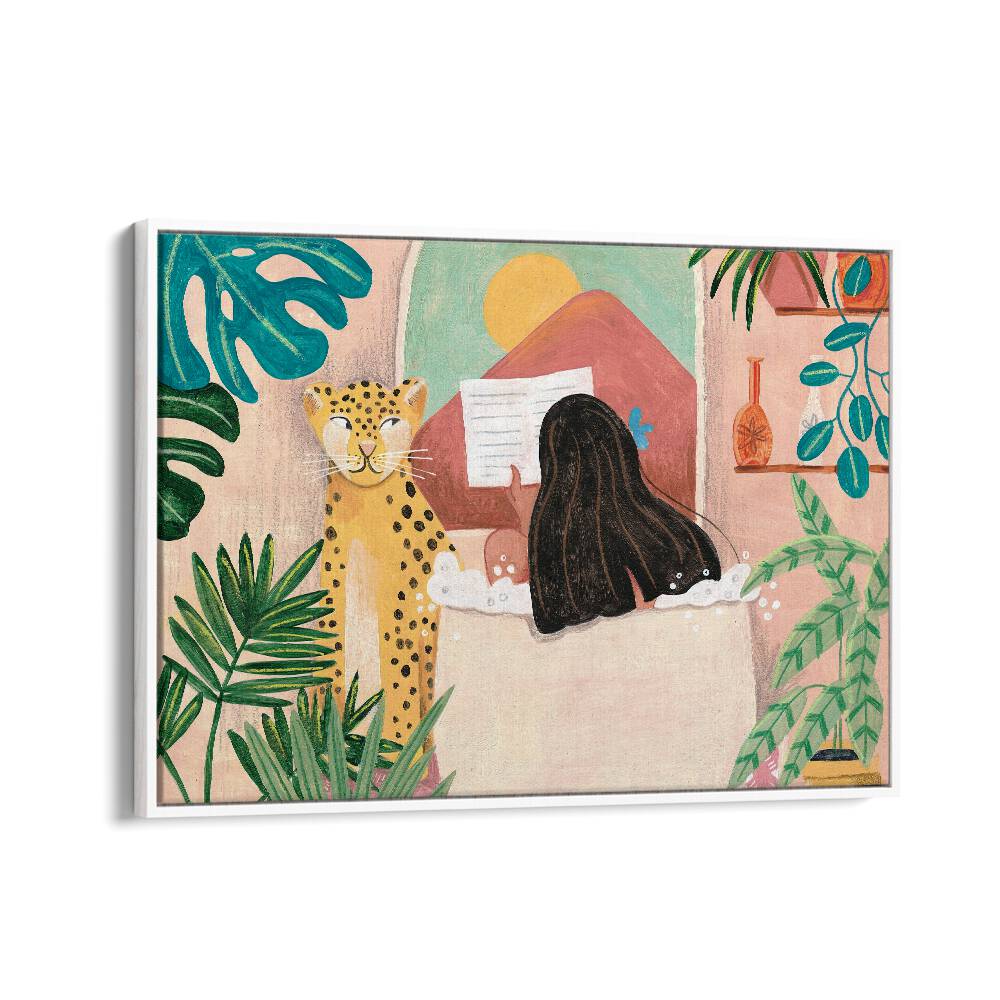 Serene WOMAN IN BATHROOM, PORTRAITS art by Caroline Bonne Muller, featuring a relaxing pink tropical scene.