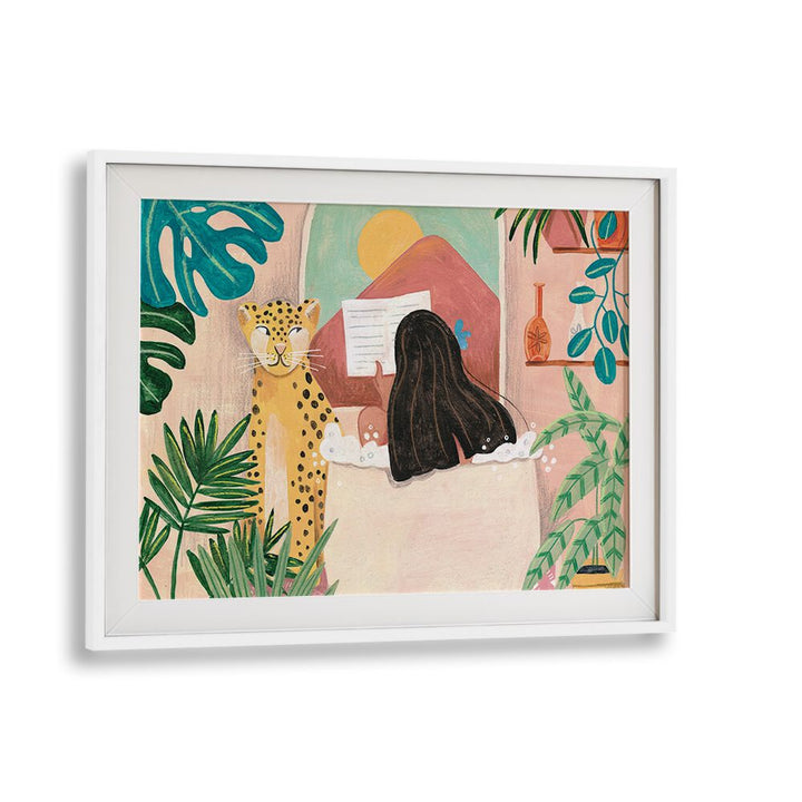 Serene woman in bathroom, portraits by Caroline Bonne Muller, enjoying a vibrant pink tropical setting.