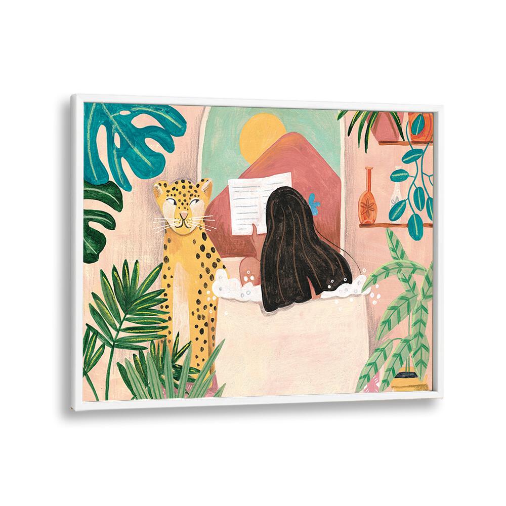 Vibrant artwork of a WOMAN IN BATHROOM, PORTRAITS by Caroline Bonne Muller, showcasing serene tropical vibes.