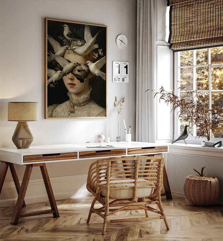 WOMAN WITH WHITE BIRDS