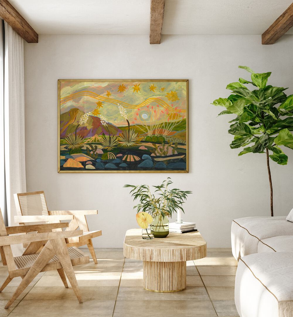 Vibrant YELLOW SKY PRINT, LANDSCAPE PAINTINGS enhancing a modern home’s decor with serene colors and natural beauty.