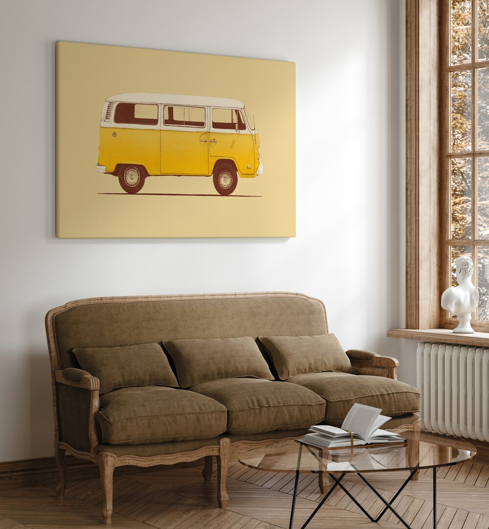 Bright and charming YELLOW VAN, CAR POSTERS by Florent Bodart, perfect for vintage vehicle enthusiasts.