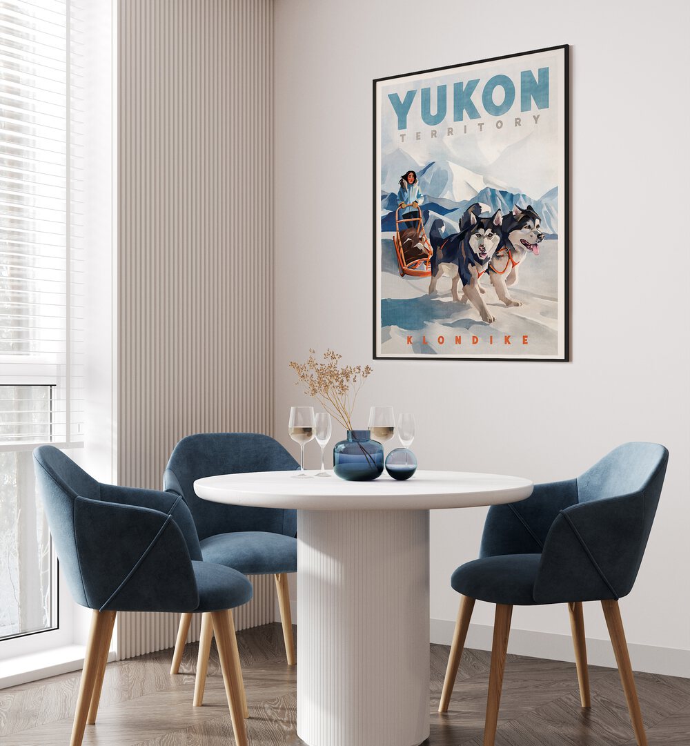 YUKON POSTER, TRAVEL POSTERS showcasing stunning artwork of sled dogs in the Yukon, perfect for decor lovers.