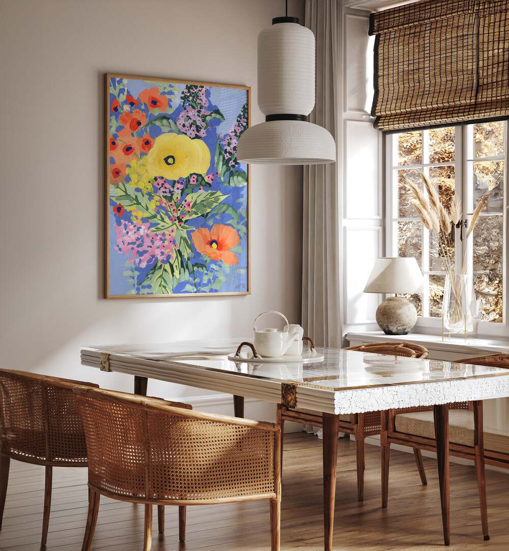 Yellow And Orange Poppies By Ania Zwara Botanical Art Prints Floral Paintings in Oak Wood Plain Frameplaced on a Cream Colored Wall near a Dining Table in the Dining Room