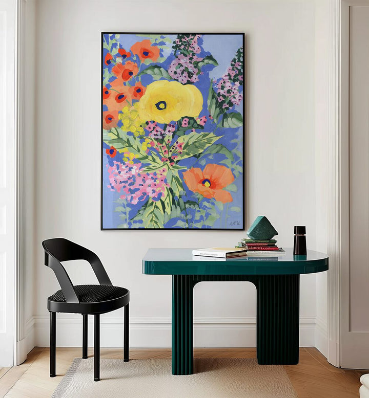 Yellow And Orange Poppies By Ania Zwara Botanical Art Prints Floral Paintings in Black Plain Frame placed on a Cream Colored Wall near a Table in a Workspace in the Drawing Room