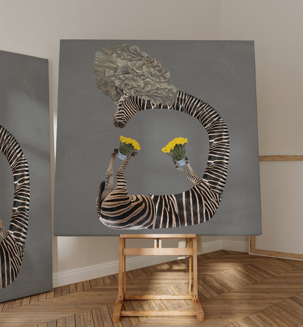 Surreal art print featuring yellow flowers in a bucket, perfect for transforming your space. YELLOW FLOWERS IN A BUCKET, SURREAL ART PRINTS.