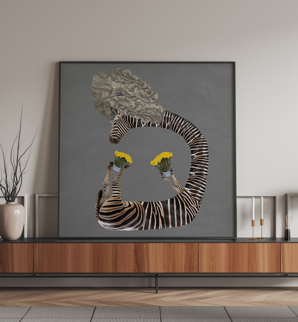 Surreal art print featuring yellow flowers in a bucket, perfect for transforming your space with creativity.