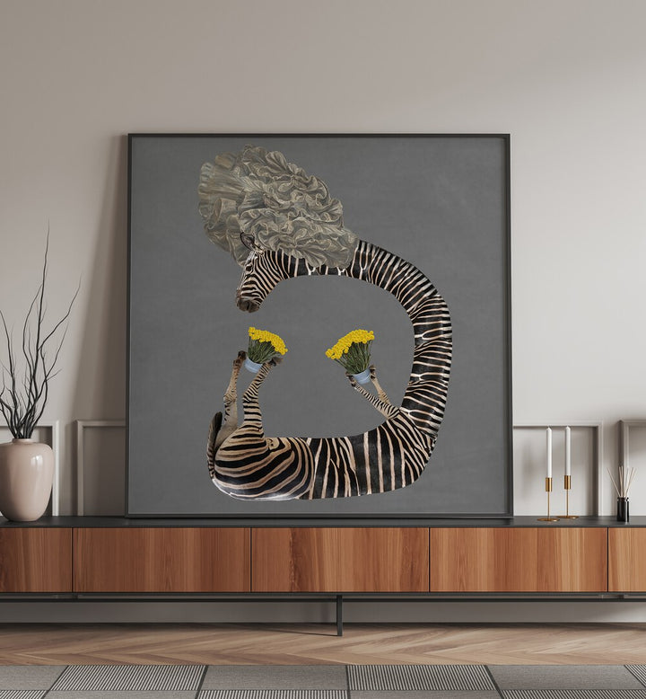 Surreal art print featuring yellow flowers in a bucket, perfect for transforming your space with creativity.