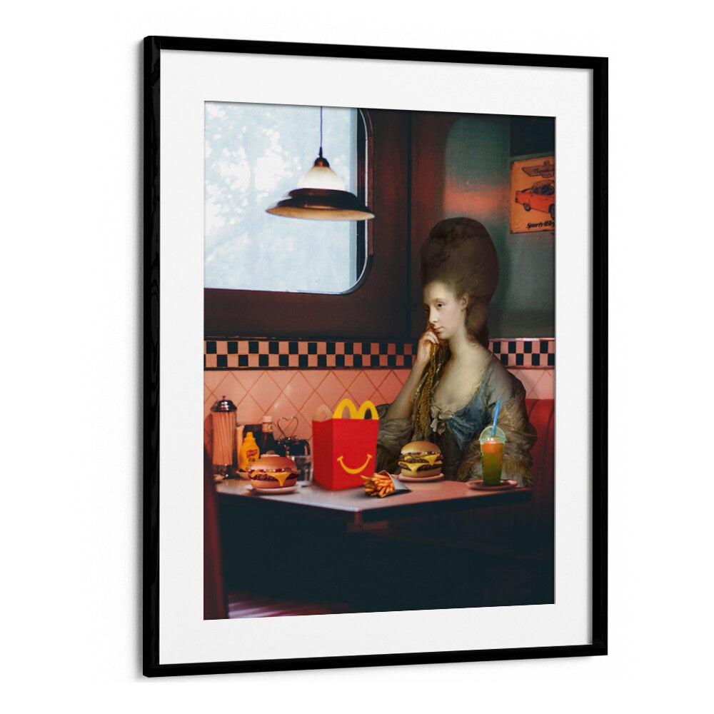 YOU LEFT ME THROWN, ALTERED ART PRINTS elegantly framed, capturing introspection in a unique dining setting.