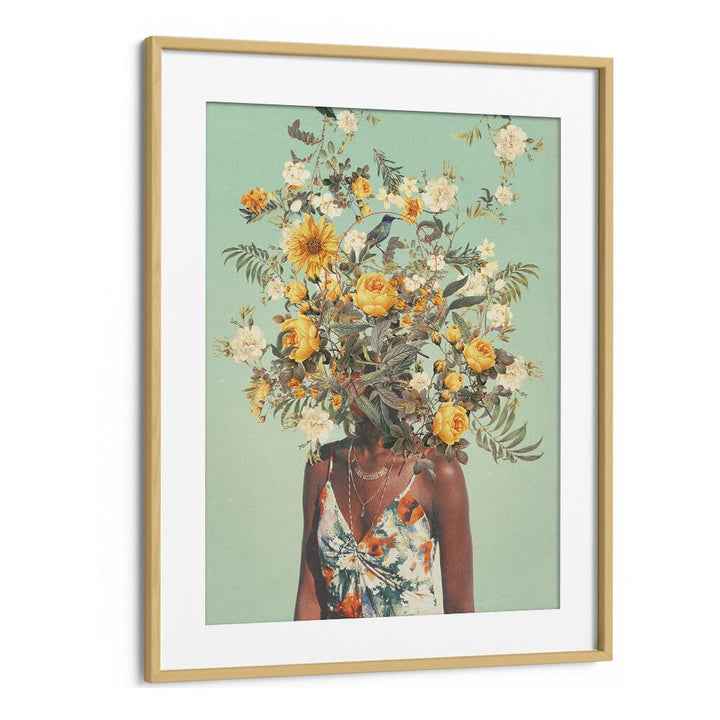 Surreal art print "YOU LOVED THOUSAND SUMMERS AGO" by Frank Moth, framed with floral elements and vibrant colors.