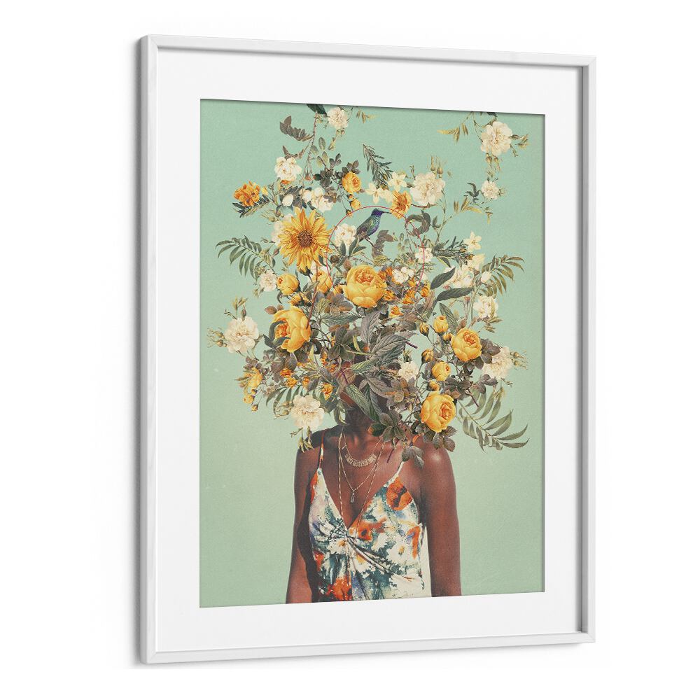 Surreal art print "YOU LOVED THOUSAND SUMMERS AGO" by Frank Moth, framed in white, showcasing vibrant floral imagery.