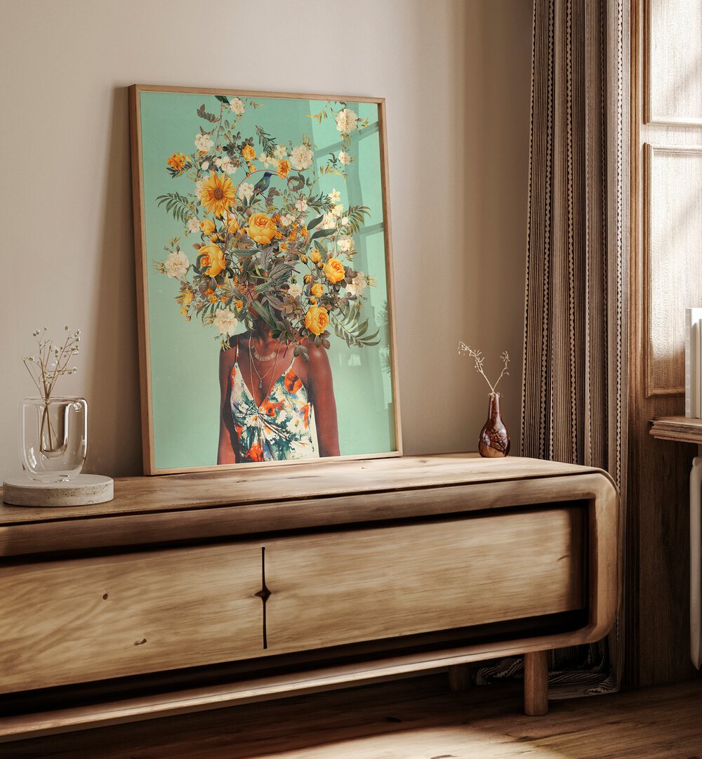 Surreal art print "YOU LOVED THOUSAND SUMMERS AGO" by Frank Moth, featuring a floral headpiece and vibrant colors.