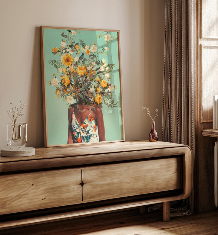 Surreal art print "YOU LOVED THOUSAND SUMMERS AGO" by Frank Moth, featuring a floral headpiece and vibrant colors.
