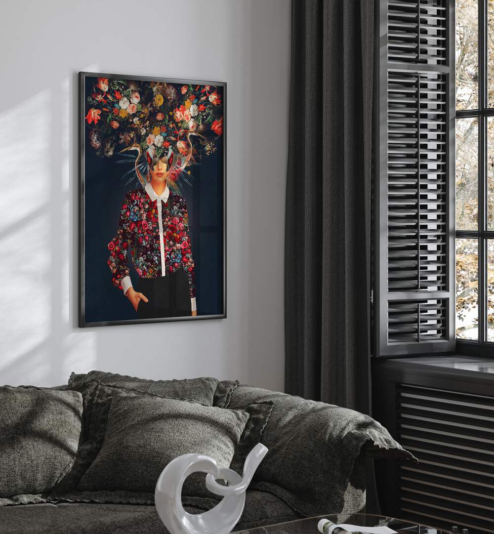 Surreal art print "YOUR HEAD , SURREAL ART PRINTS" by Frank Moth, featuring vibrant colors and floral elements.