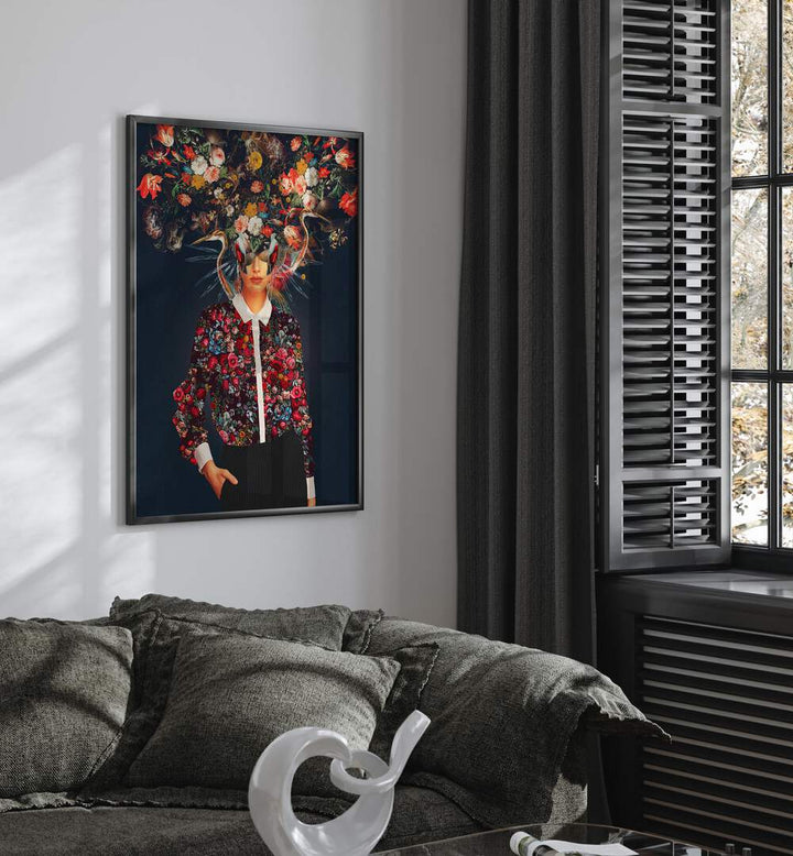 Surreal art print "YOUR HEAD , SURREAL ART PRINTS" by Frank Moth, featuring vibrant colors and floral elements.