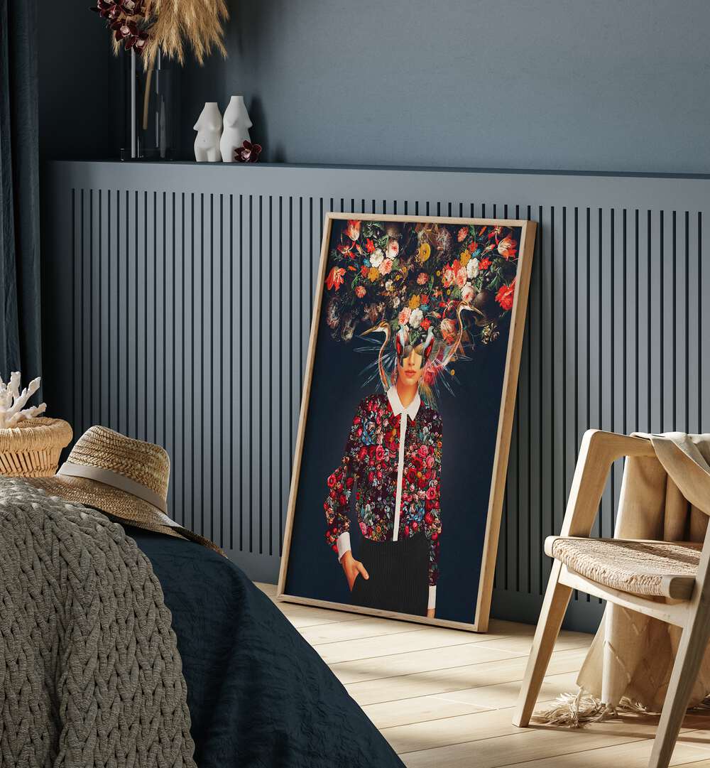 Surreal artwork titled "Your Head Was Full of Colours That Had No Names," featuring vibrant floral designs. YOUR HEAD, SURREAL ART PRINTS.