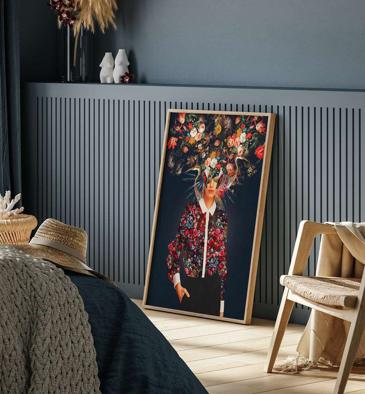 Surreal artwork titled "Your Head Was Full of Colours That Had No Names," featuring vibrant floral designs. YOUR HEAD, SURREAL ART PRINTS.