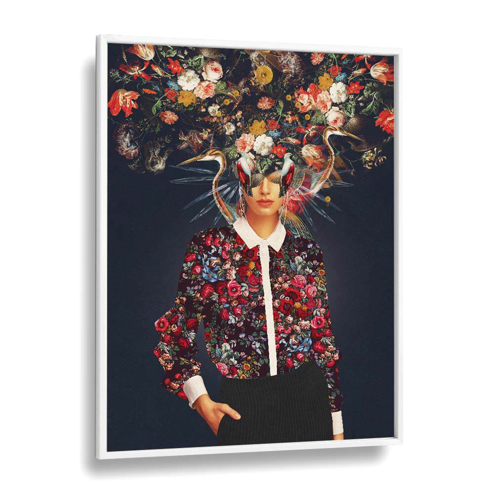 Surreal art print "YOUR HEAD, SURREAL ART PRINTS" by Frank Moth features vibrant colors and captivating floral imagery.