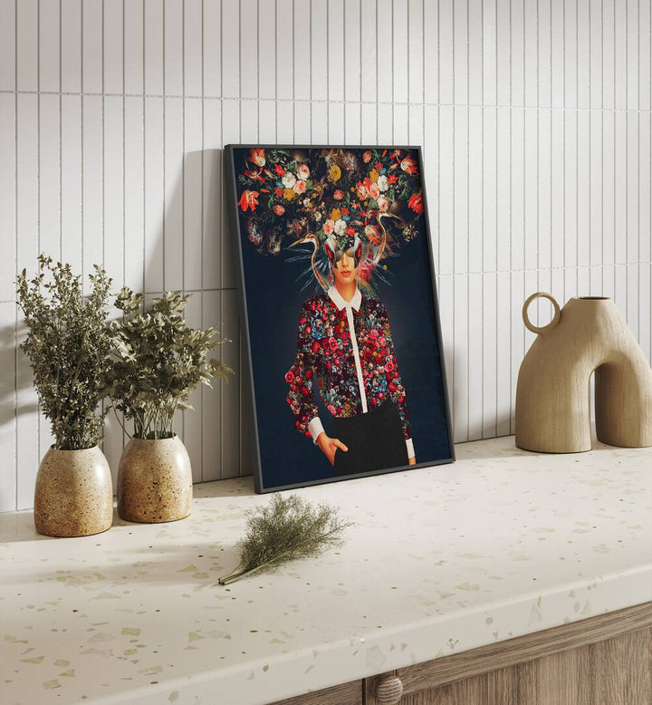 Captivating YOUR HEAD, SURREAL ART PRINTS by Frank Moth, featuring vibrant colors and floral imagery on display.