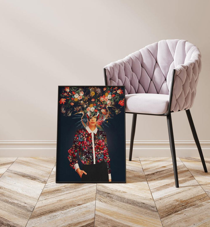 Captivating YOUR HEAD, SURREAL ART PRINTS by Frank Moth, featuring a vibrant floral-themed portrait.