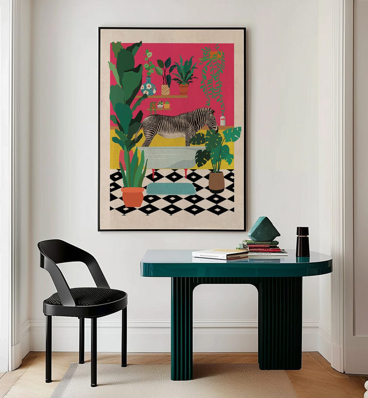 Whimsical Zebra Bathtime art print, perfect for kids' room paintings, adds joy and imagination to your child's space.