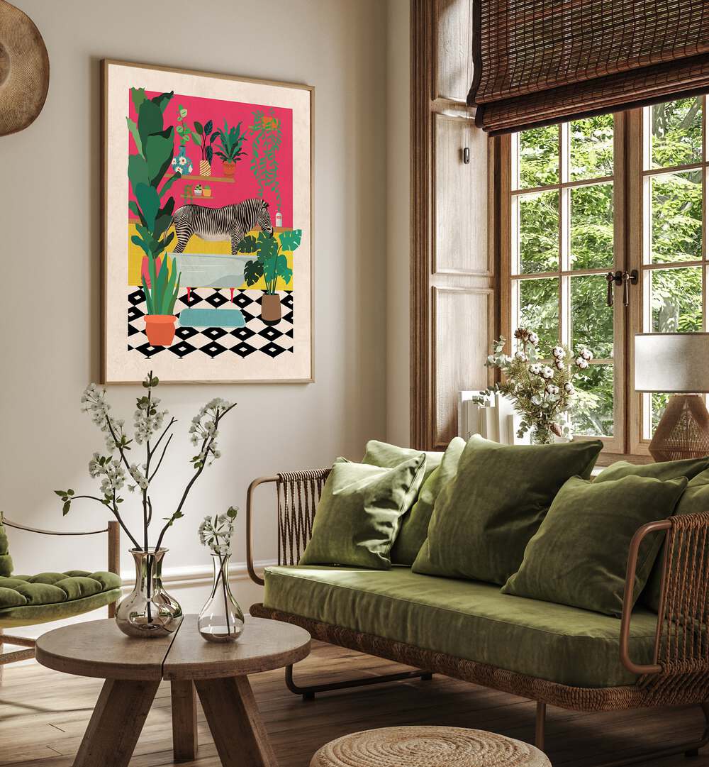 Whimsical Zebra Bathtime art print adds charm to kids' rooms, perfect for imaginative decor. ZEBRA BATHTIME, KIDS ROOM PAINTINGS.