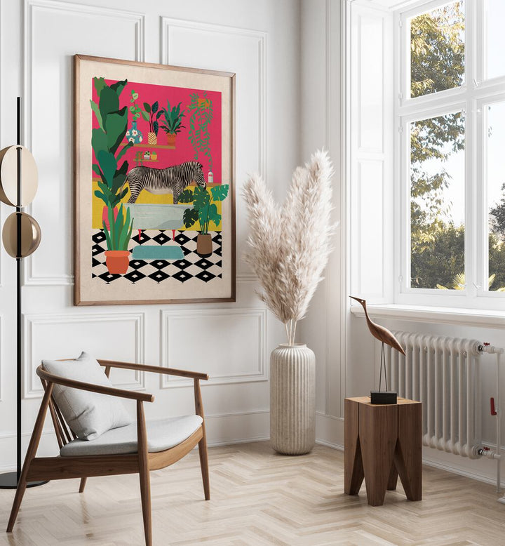 Whimsical Zebra Bathtime art print enhances kids' rooms with joy and imagination. Perfect for playful decor!