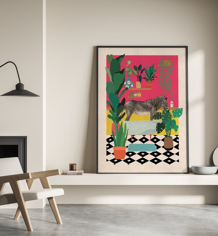 Whimsical Zebra Bathtime art print, perfect for kids' room paintings, adds charm and joy to your child's space.