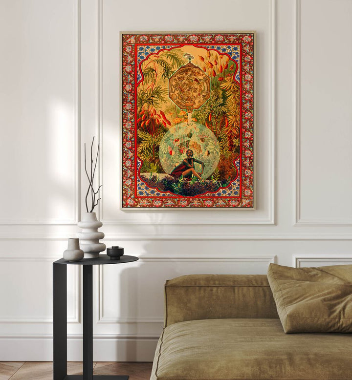 Zodiac Queen By Cosmo Zach Surreal Art Prints Surrealism in Oak Wood Plain Frame placed on a wall behind a sofa