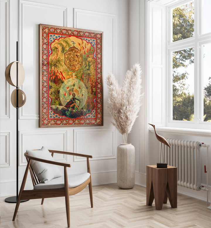 Zodiac Queen By Cosmo Zach Surreal Art Prints Surrealism in Oak Wood Plain Frame placed on the wall beside a window and a chair