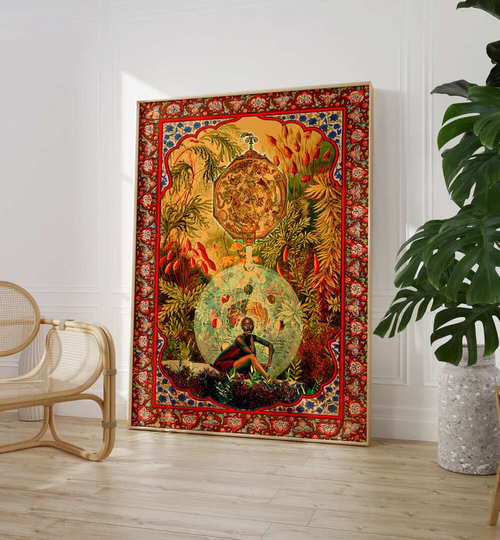 Zodiac Queen By Cosmo Zach Surreal Art Prints Surrealism in Oak Wood Plain Frame placed on the floor between a chair and a plant