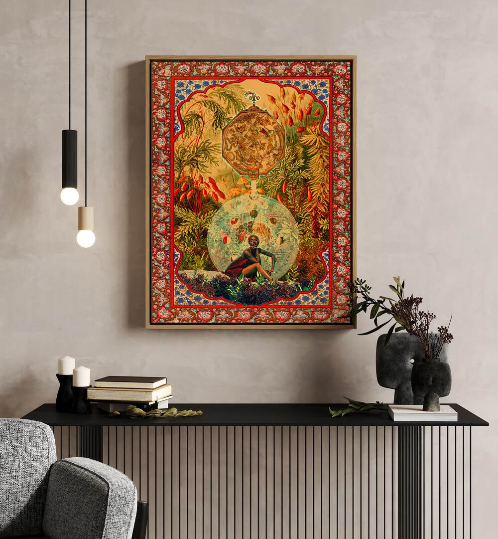 Zodiac Queen By Cosmo Zach Surreal Art Prints Surrealism in Oak Wood Floater Frame placed on a wall behind a table
