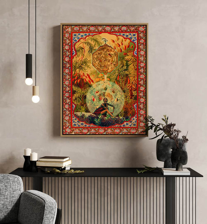 Zodiac Queen By Cosmo Zach Surreal Art Prints Surrealism in Oak Wood Floater Frame placed on a wall behind a table