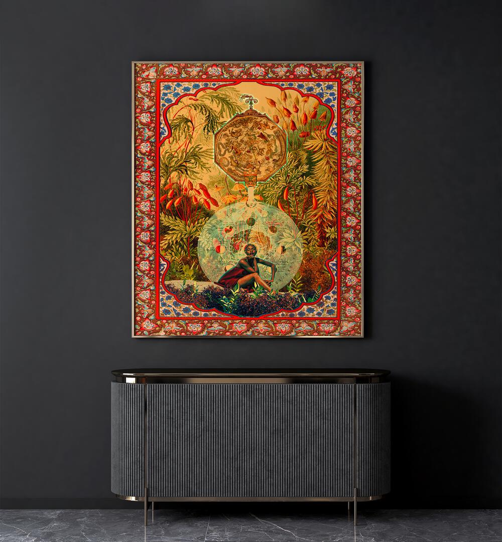 Zodiac Queen By Cosmo Zach Surreal Art Prints Surrealism in Oak Wood Plain Frame placed on the wall behind a console table